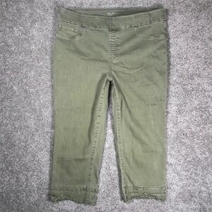 Chicos Pull On Capri Pants Womens 2.5 US 14 Olive Green Frayed Hem Stretch Denim